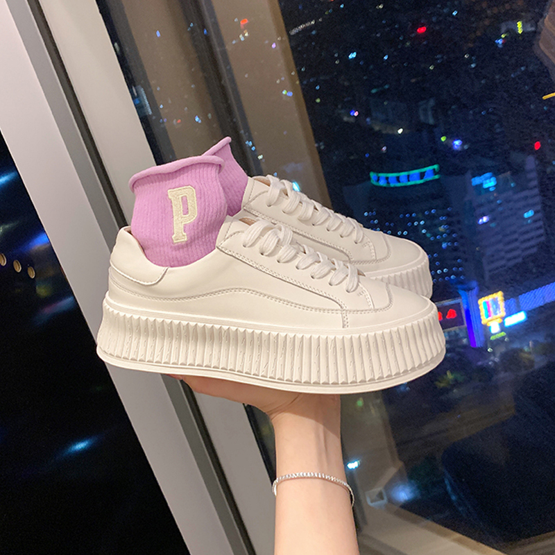 Thick-Soled White Sneakers for Women 2026 New Spring and Summer Genuine Leather Versatile Casual Shoes Platform Sole Biscuit Sports Sneakers for Women