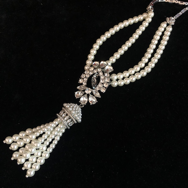 Exquisite and Fashionable Versatile Jewelry, Rhinestone Pearl Tassel Design Short Necklace, Elegant and Graceful Sweater Chain, Vintage