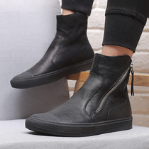 Martin Boots Man High Help Heroine Black Leather Shoes Men 100 Hitch Damp Shoes Korean Version Zip Casual Short Boots