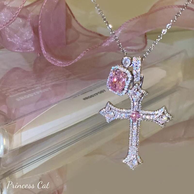 Sweetheart Micro-Inlaid Cross Large Pink Birthday Clavicle Short Necklace 2025 New High-Value Jewelry Sweetheart Micro-Inlaid Cross Large Pink Birthday Clavicle Short Necklace 2025 New High-Value Jewelry