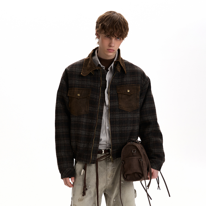 A Puee Retro Vintage Style Miu-Style Plaid Jacket Bomber Short Versatile Loose Thick Cotton Coat