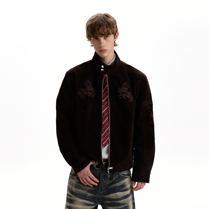 A Puee American Retro Silhouette Suede Hunting Jacket, Boxy Fit, Short Harrington Workwear Stand-Up Collar Jacket