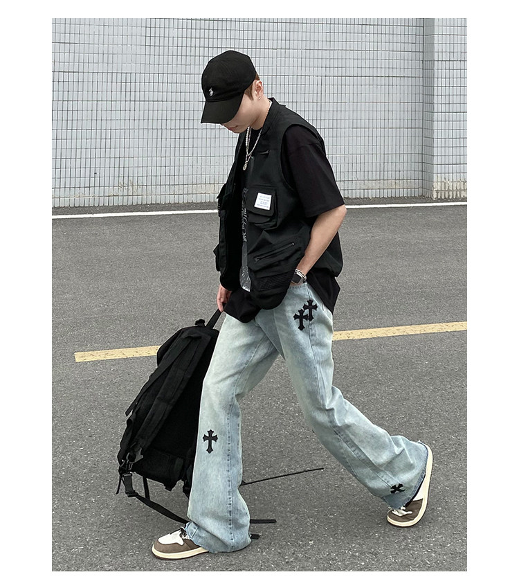 European and American high street CH Crook cross jeans for men, American hip-hop vibe street loose straight flared pants pic 1