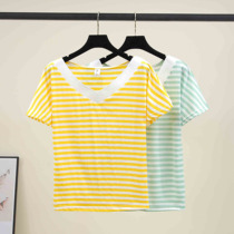 2020 new collared half-sleeve t-shirt woman V collar yellow short sleeve 100 lap stripe student loose bat sleeve blouses