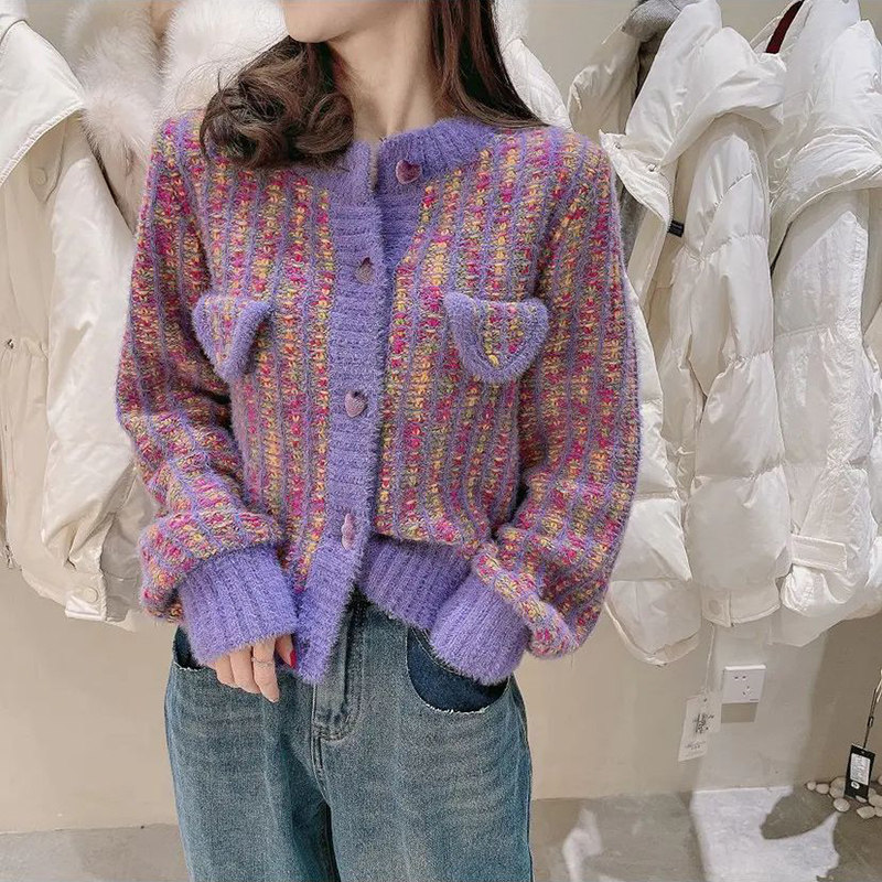 Small Fragrant Wind Purple Loving short Knitted Cardiovert Woman Blouse 2021 Autumn Winter New Style Crash sweater jacket