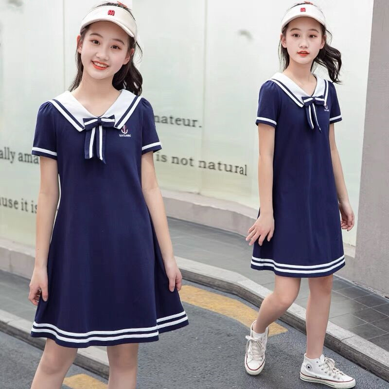 Girls' Dress Summer Wear 2024 New Style 12-15 Years Old Children's Clothing Navy Academy Style Dress