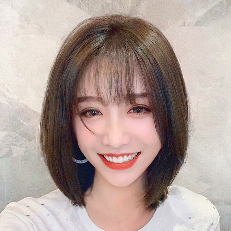 Wig Short hair female summer full real hair French bangs natural simulation clavicle long hair Full head cover wig set