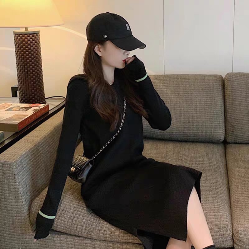 Hooded bottoming sweater skirt women's autumn and winter long version over the knee small loose and thin temperament with knitted dress