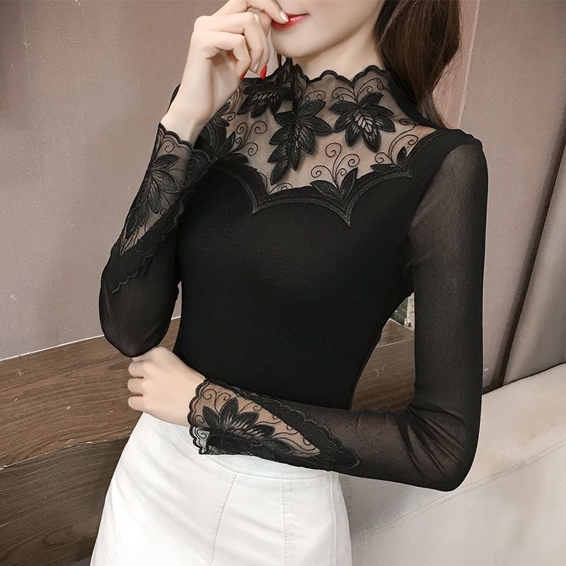 Regular/Fleece-Lined New Mesh Base Shirt for Women, Long-Sleeved T-Shirt, Slim-Fit Lace Top, Plus-Size Gauze Shirt for Outerwear, Elegant