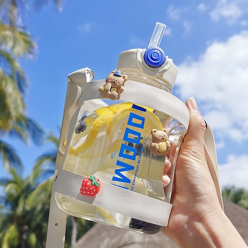 Вместительный и большой спортивный летний чайник со стаканом для спортзала, трубочка, 1000 мл