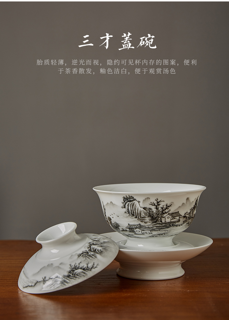 Shot incarnate the jingdezhen ceramic hand - made color ink landscape only three tureen manual kung fu tea tea bowl cover cup