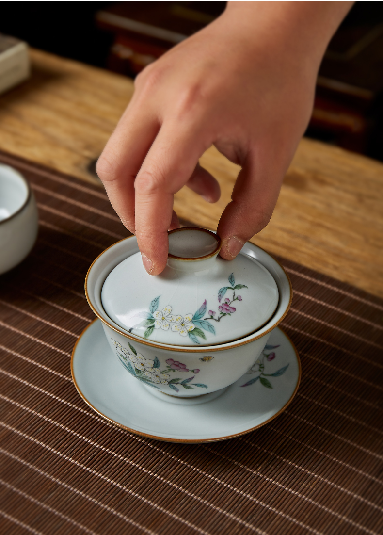 Shot incarnate your up hand - made the pear flower only three tureen jingdezhen ceramic kung fu tea set household open piece of cover cup tea bowl