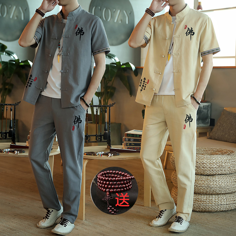 Chinese style cotton and linen suit men's large size short-sleeved t-shirt linen ancient style Tang suit pure cotton cardigan jacket stand collar set tide