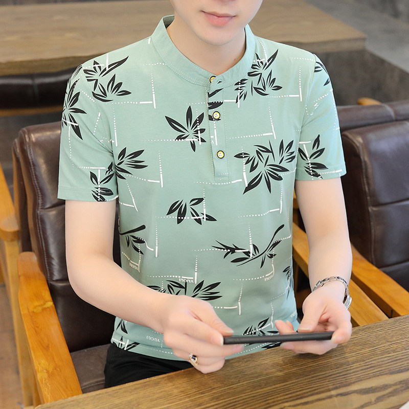 New men's stand-up collar short-sleeved t-shirt half-sleeved Korean version trend printing summer men's cotton polo shirt top clothes
