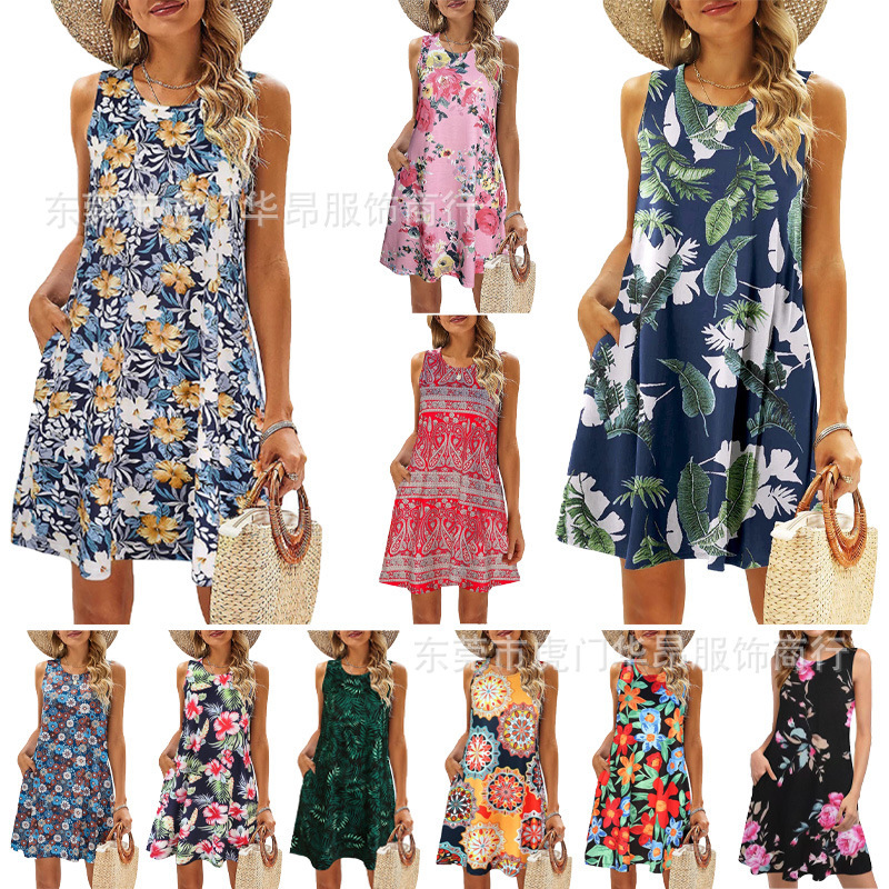 New Amazon Spring and Summer Popular Floral Print Sleeveless Casual Dress 2024 Hawaiian Dress for Women New Amazon Spring and Summer Popular Floral Print Sleeveless Casual Dress 2024 Hawaiian Dress for Women