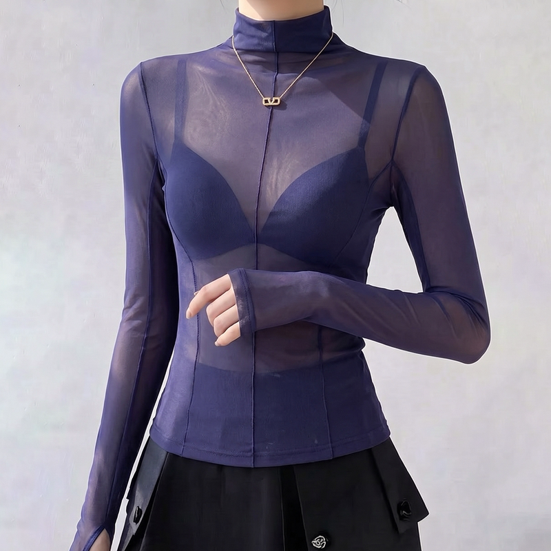 Navy Blue Half-High Collar Mesh Base Shirt for Women, Thin See-Through Lace Unique and Beautiful Finger-Through Top Navy Blue Half-High Collar Mesh Base Shirt for Women, Thin See-Through Lace Unique and Beautiful Finger-Through Top