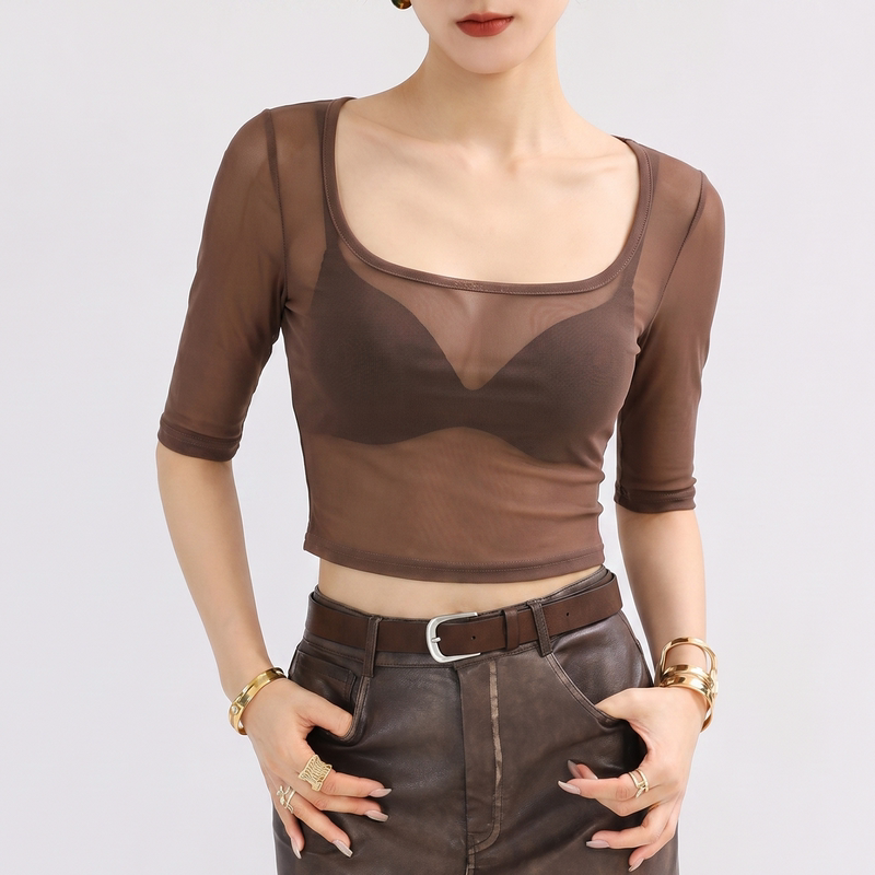 Coffee-Colored Square-Neck Lace Top for Women, Light Luxury, High-End Feel, Sheer Mesh Short Mid-Sleeve T-Shirt with Large Neckline, Thin Half-Sleeve