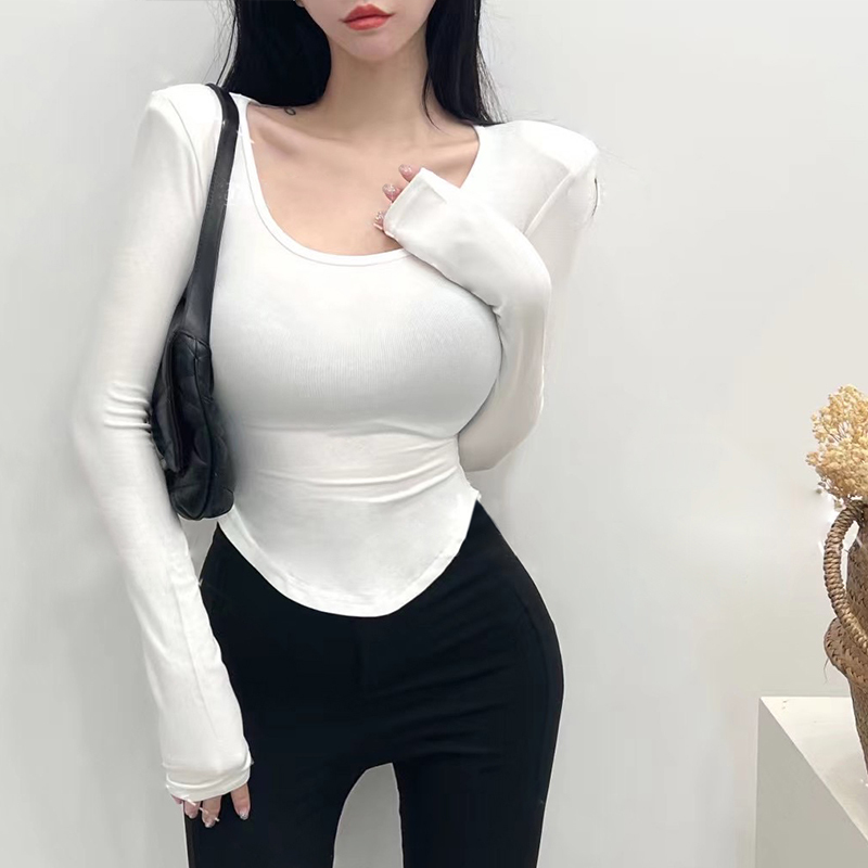 White Short-Sleeved Long-Sleeve Base Layer Women's T-Shirt, Regular Shoulder, 2026 New Autumn Slim-Fit Waist-Cinching Top with a High-End Feel