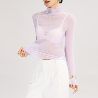 网纱上衣高级感紫色独特漂亮透明蕾丝罩衫超好看高领打底衫女高端