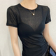 黑色网纱薄款短袖t恤女薄纱正肩