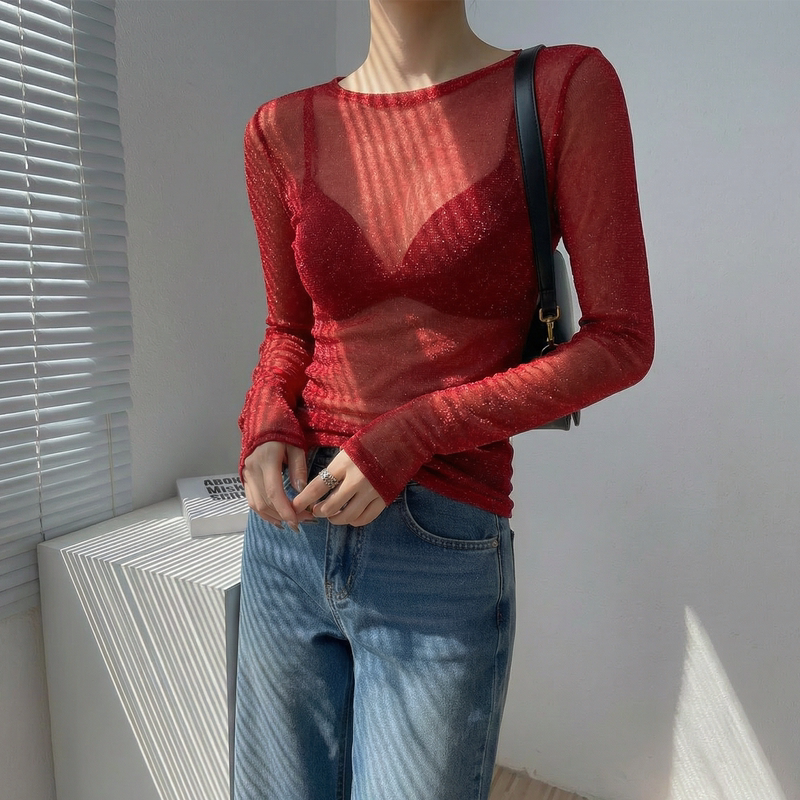 Red Lace Top for Women, Light Luxury, High-End Feel, Early Spring Sun Protection Cover-Up, Sheer, Slim-Fitting, Stunning Long-Sleeve T-Shirt