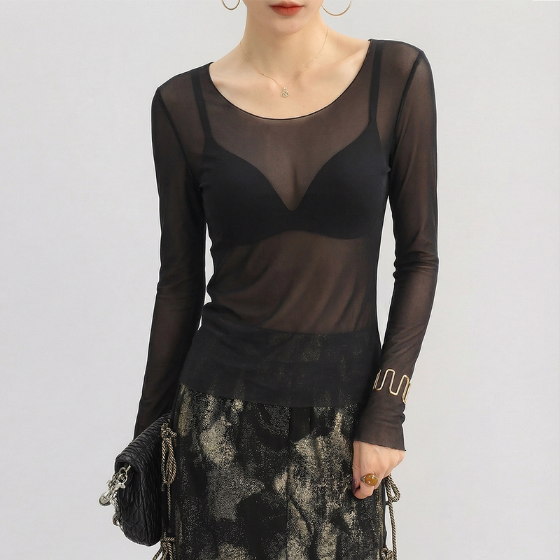 Black Large-Neck Sun Protection Cover-Up Sheer Lace Mesh Top for Women, Light Luxury High-End Long-Sleeve T-Shirt
