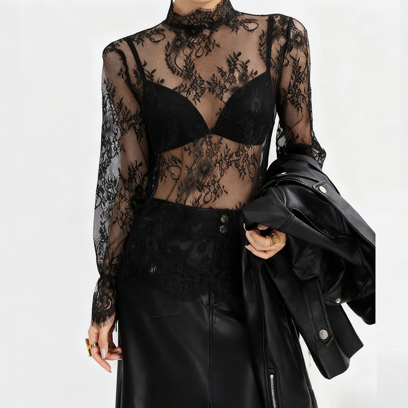 Black Half-High Collar Layered Lace Trim Base Shirt for Women, Sheer Mesh Long-Sleeve, Super Pretty, Loose Fit, Popular Top