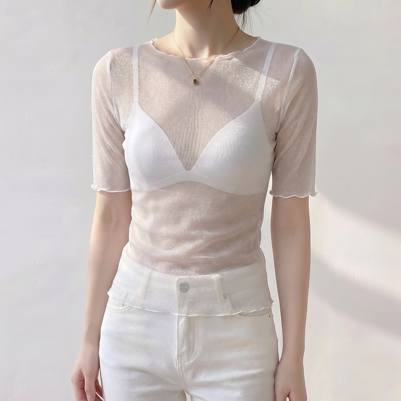 White Round-Neck Lace Top for Women, Summer Thin See-Through Mesh with Ruffled Edges, Slim-Fit Round-Neck Mid-Sleeve T-Shirt White Round-Neck Lace Top for Women, Summer Thin See-Through Mesh with Ruffled Edges, Slim-Fit Round-Neck Mid-Sleeve T-Shirt