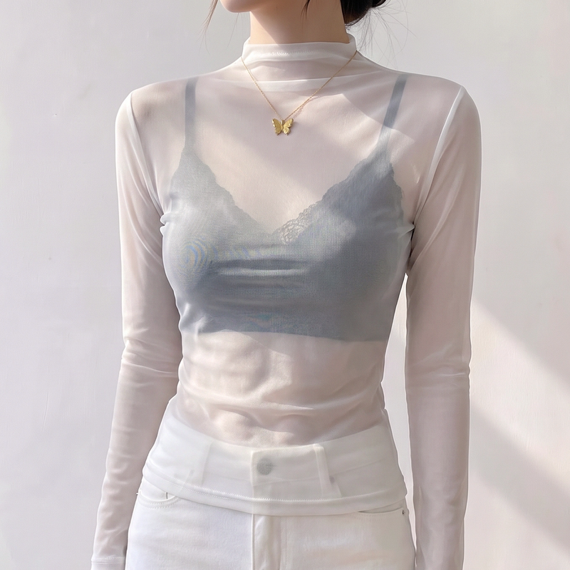 White Half-High Collar Mesh Base Shirt, Long-Sleeved Blouse, New Slim-Fit Thin Lace Tulle High-End Top for Women White Half-High Collar Mesh Base Shirt, Long-Sleeved Blouse, New Slim-Fit Thin Lace Tulle High-End Top for Women