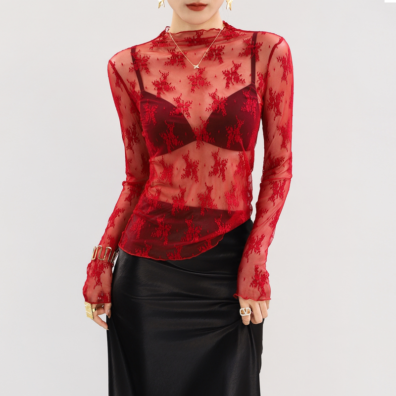 Half-High Collar Lace Base Shirt for Layering, Can Be Worn Outside, Sheer Mesh Red Fashionable Top for Women, Stylish and Trendy