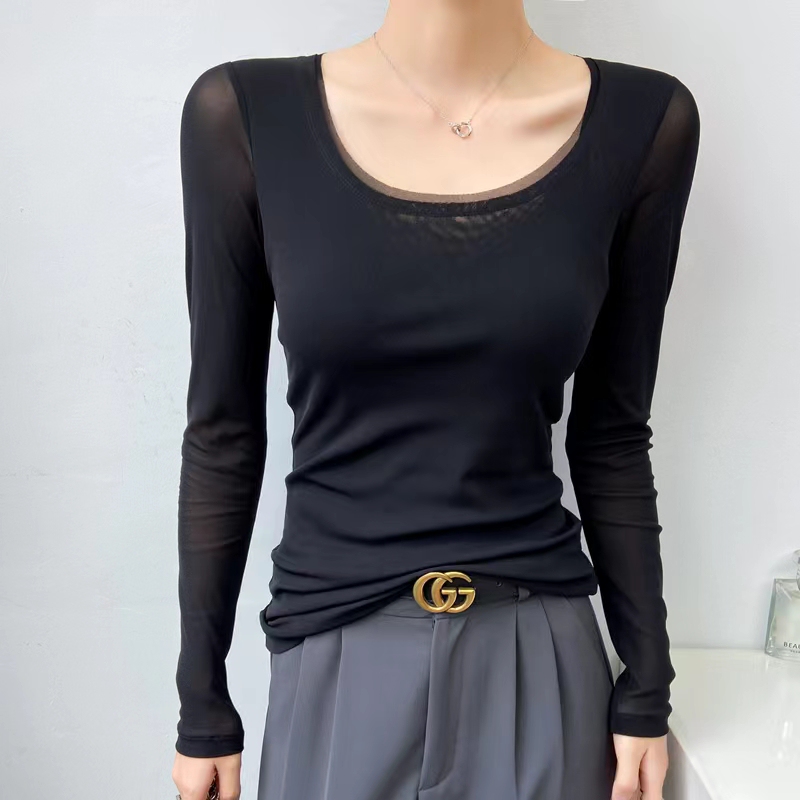 Black Low-Neck Lace Base Shirt 2025 New Spring and Autumn Thin Style Inner Wear U-Neck Mesh Top Long-Sleeve T-Shirt for Women Sheer