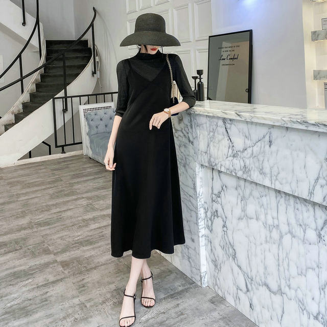 Spring and summer black long v-neck suit, super A-line version, inner suspender skirt, little black skirt, outer wear, slimming bottoming, large size sleeveless