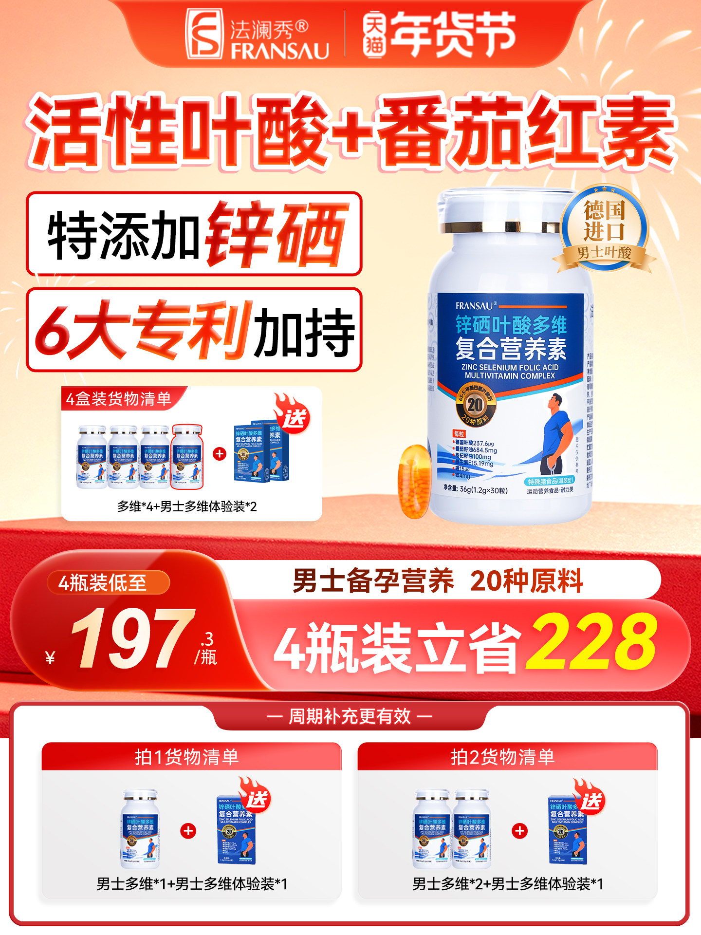 Buy 3 Get 1 Free, Super Cost-Effective]Falanxiu Active Folic Acid for Men, Lycopene, Zinc, Selenium, Multivitamin Complex for Pregnancy Preparation