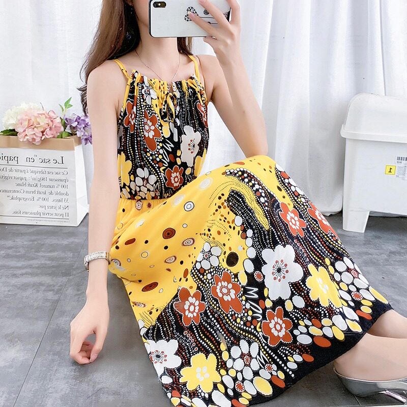 Bohemia beach dress 2020 Summer waist big size women sleeveless print cotton silk dress women