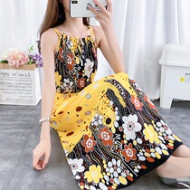 Bohemia Beach Dress 2020 Summer Waist Top Size Size Women Sleeveless Print Cotton Silk Dress Women