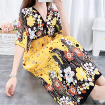 Fashion exterior wear long 2021 cotton silk dress summer beach skirt floral short sleeve V collar slim silk National