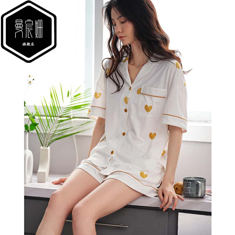 Tide brand pajamas women's pure cotton short-sleeved shorts Thin cardigan casual summer cotton home clothes suit can be worn outside