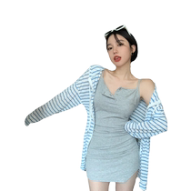 yaoxiaojie Miss Yao blue striped hooded sun protection jacket for women summer drawstring air conditioning cardigan top