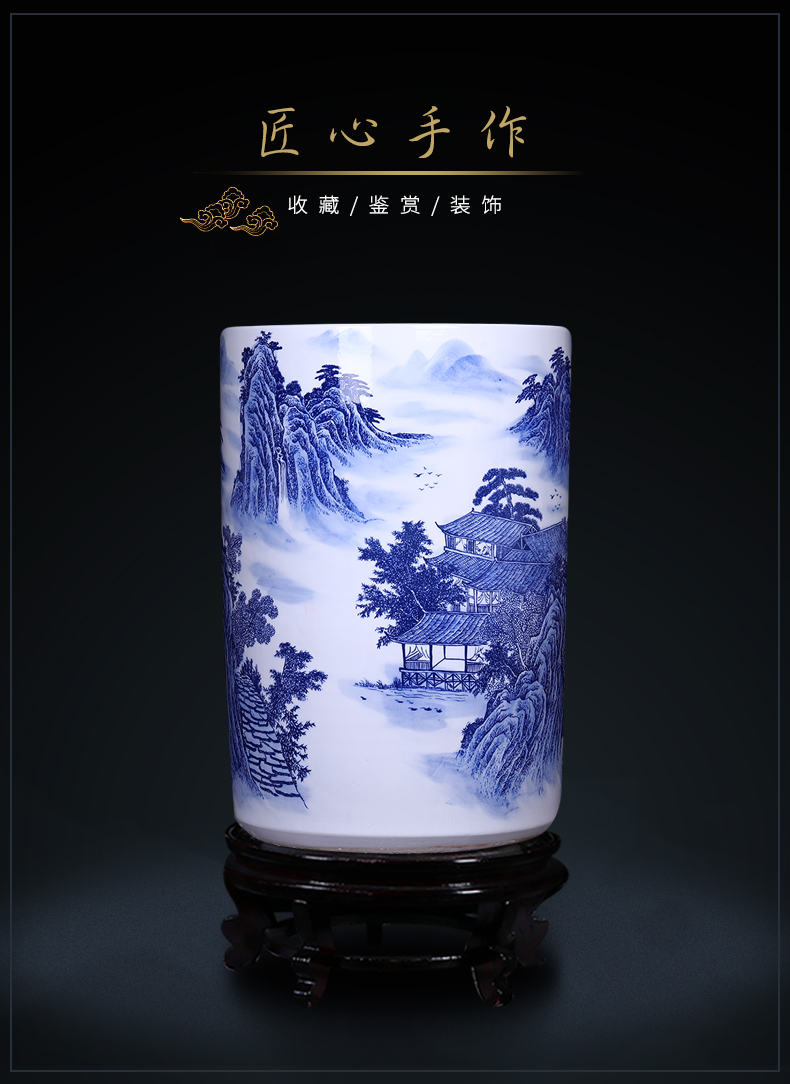 Blue and white landscape ceramic painting and calligraphy scrolls cylinder straight new Chinese style living room floor jingdezhen vase receive furnishing articles