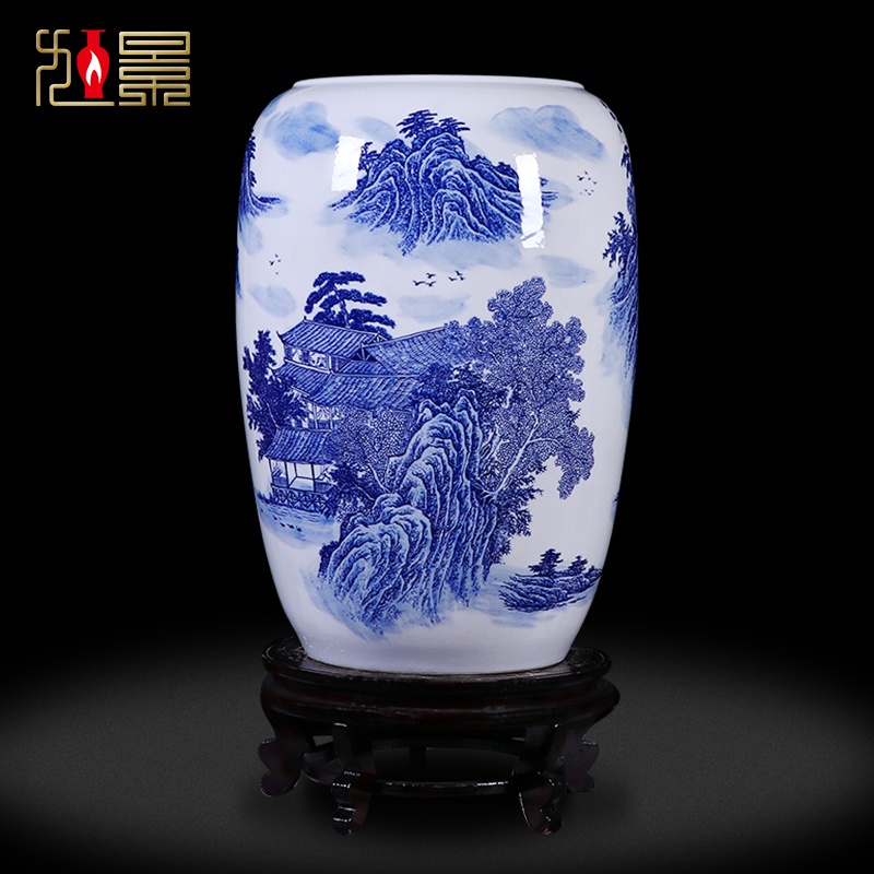 Blue and white landscape ceramic painting and calligraphy scrolls cylinder straight new Chinese style living room floor jingdezhen vase receive furnishing articles