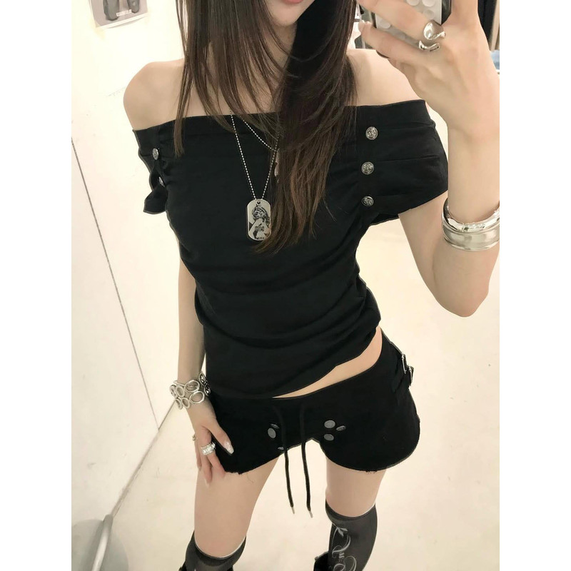 American Retro Black One-Shoulder Off-Shoulder Short-Sleeved T-Shirt for Women in Summer, Slim-Fitting Design, Short Hot Girl Style Top American Retro Black One-Shoulder Off-Shoulder Short-Sleeved T-Shirt for Women in Summer, Slim-Fitting Design, Short Hot Girl Style Top