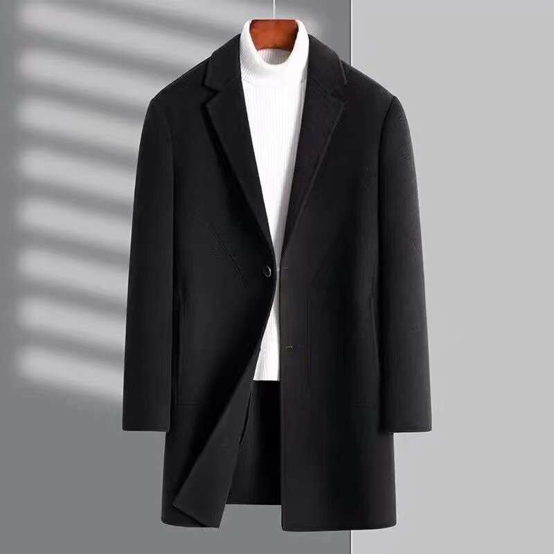 高級ダブルフェイスウールコート、メンズミドル丈、2025年秋冬新作韓国風厚手カジュアルトレンチコート。