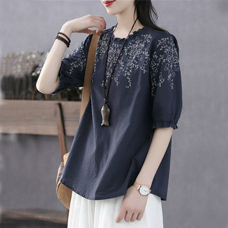 Cotton Cotton Cotton Cotton Cotton Cotton Women's Retroit Art Crush Summer Thin Lantern Five-sleeved Lights Short Sleeve T-shirts