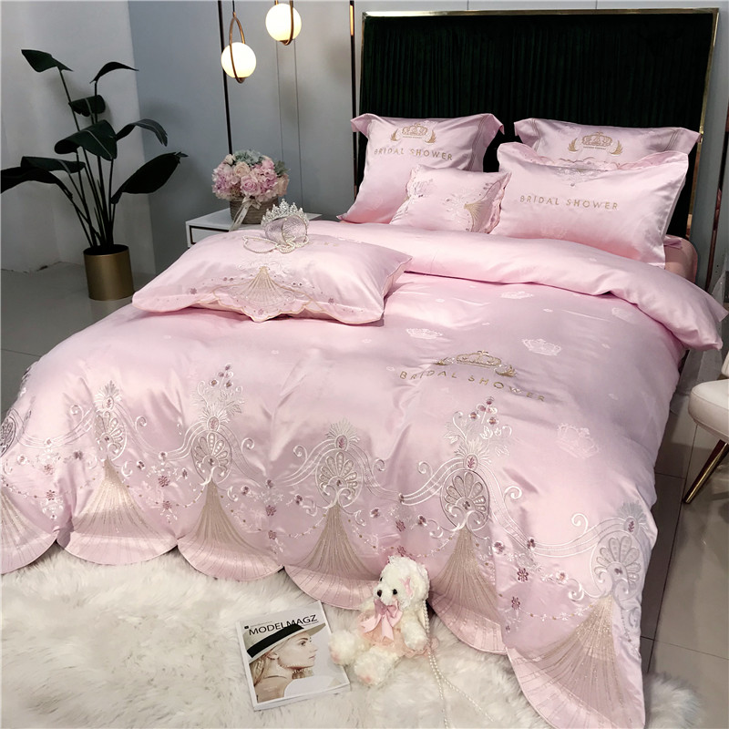 Style Pink four pieces of pure cotton all-cotton embroidery quilt cover European-style light lavish wind bed linen sliding bed with supplies