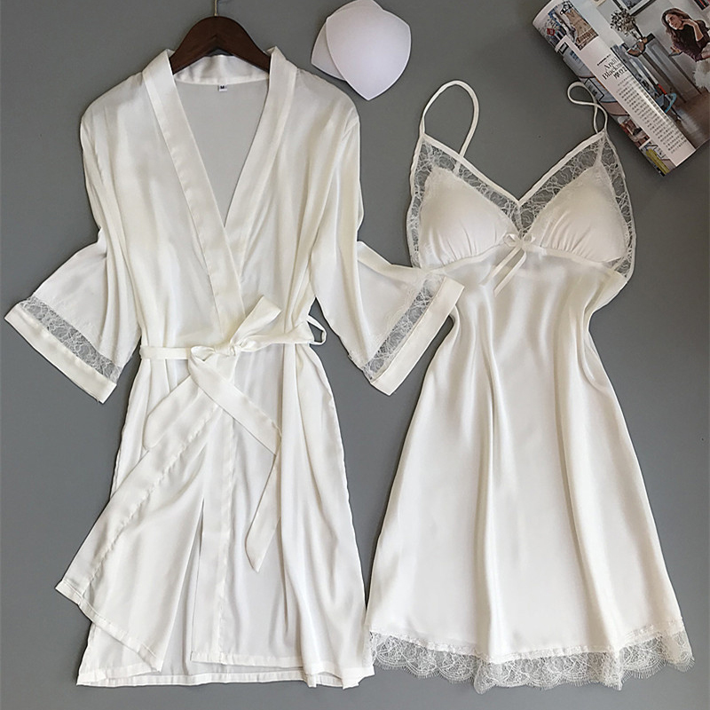 Trendy brand women's summer ice silk thin two-piece sexy pajamas with chest pad suspender nightdress gathered can be worn outside Korean version