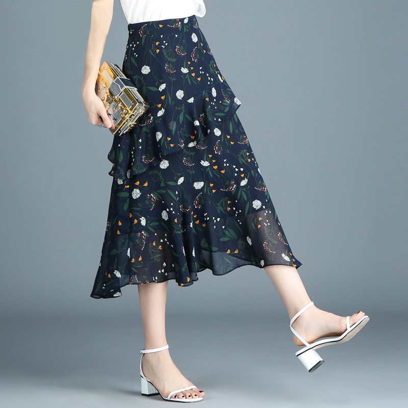 Chiffon skirt women's spring and summer mid-length version 2020 new floral skirt high waist thin irregular ruffled skirt