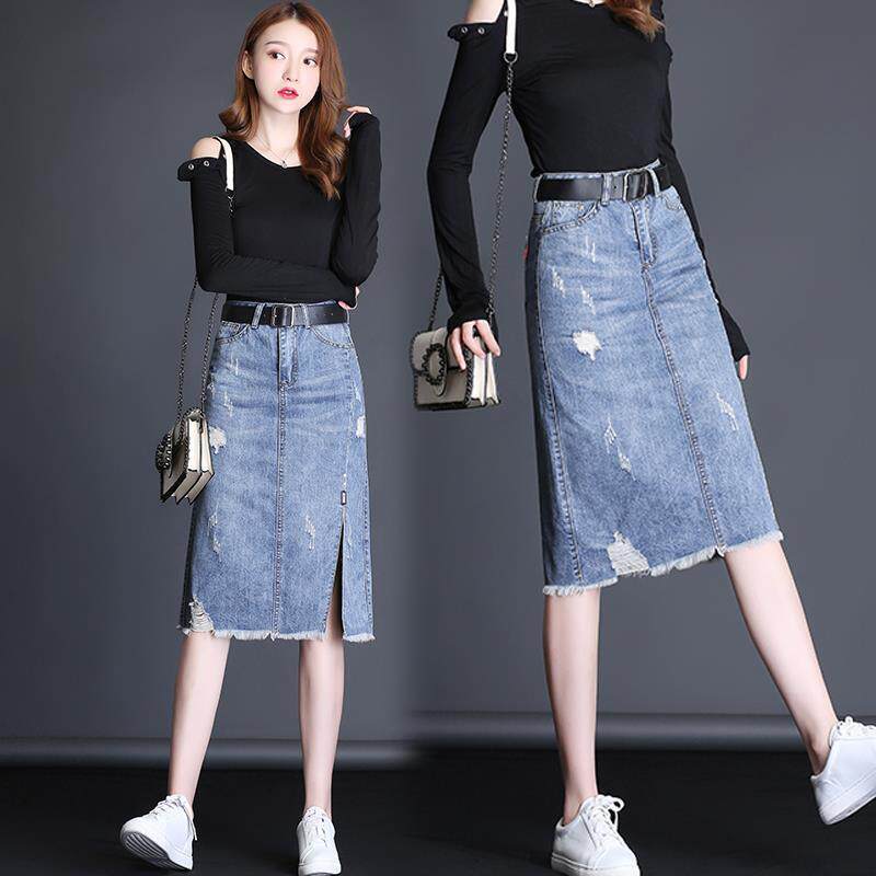 (DELIVERY BELT) Cowboy skirt with a long version of high waist and slim fit with a thin hole 100 hitch a fork A character dress