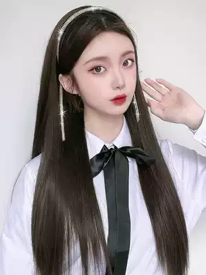 Wig Female long hair rhinestone tassel hair band wig Natural simulation human hair net red long straight hair wig half headgear