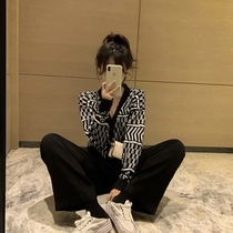 Big code 2021 Spring loaded with new ladies Lazy Wind Sweater Jacket Woman Cardiovert Suit Fat sister Two sets of pants