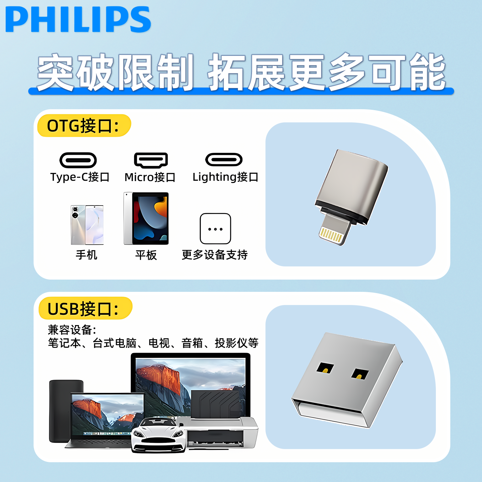 Philips Lanyard USB Flash Drive Anti-Lost Metal High-Speed Large Capacity 128g Mobile Phone and Computer Dual-Use Small Pendant USB Flash Drive 64g